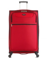 Your ticket to a smooth ride. Four, multi-directional spinner wheels take direction and go, gliding this ultra light bag with ease and turning corners at the flick of the wrist. A durable construction, with rubberized, textured corner protectors to guard against extra wear and tear, features multiple interior and exterior pockets, along with a deep, expandable main compartment with compression straps for wrinkle-free arrivals. 10-year warranty. Your ticket to a smooth ride. Four, multi-directional spinner wheels take direction and go, gliding this ultra light bag with ease and turning corners at the flick of the wrist. A durable construction, with rubberized, textured corner protectors to guard against extra wear and tear, features multiple interior and exterior pockets, along with a deep, expandable main compartment with compression straps for wrinkle-free arrivals. 10-year warranty.
