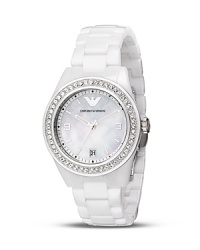 Mother-of-pearl dial, set with Swarovski crystals, with a white ceramic bracelet. By Emporio Armani. Mother-of-pearl dial, set with Swarovski crystals, with a white ceramic bracelet. By Emporio Armani.