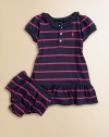 A boldly striped cotton frock is designed with a ruffled neckline, a pretty flared skirt and matching bloomers.Ruffled crewneckShort puffed sleevesButton frontDrop-waistRuffled hemCottonMachine washImported Please note: Number of buttons may vary depending on size ordered. 