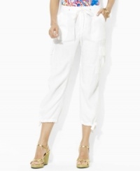 Soft, breathable linen and a cropped-leg silhouette add elegant charm to a traditionally rugged cargo pants for a cool, comfortable fit, from Lauren by Ralph Lauren. Soft, breathable linen and a cropped-leg silhouette add elegant charm to a traditionally rugged cargo pants for a cool, comfortable fit, from Lauren by Ralph Lauren.