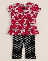 We love the flirty contrast between bold blooms of floral print top and the ruched polkadot pant.