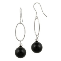 Sterling Silver Oval Link and Round Onyx Drop French Wire Earrings Sterling Silver Oval Link and Round Onyx Drop French Wire Earrings