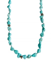 Free-flowing and totally fashionable. Lucky Brand's stylish strandage necklace combines reconstituted turquoise nuggets with mixed metal charms for a trendy layered look. Approximate length: 27 inches + 2-inch extender. Free-flowing and totally fashionable. Lucky Brand's stylish strandage necklace combines reconstituted turquoise nuggets with mixed metal charms for a trendy layered look. Approximate length: 27 inches + 2-inch extender.