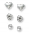 The perfect set. Giani Bernini's three pair stud earrings set is crafted in sterling silver and features beads, love knots and hearts. Approximate diameters: 1/6 inch (ball stud); 1/5 inch (heart stud); 1/5 inch (knot stud).