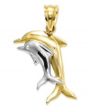 Make an extra big splash this summer. This adorable double dolphin pendant is crafted in 14k gold and sterling silver. Approximate length: 9/10 inch. Approximate width: 6/10 inch.