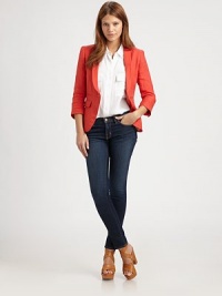 Featherweight linen in a cropped and fitted silhouette, nipped at the waist and tailored with a shapely shawl collar.Three-quarter sleevesSingle button closureBodice dartsWelt pocketsFlap hip pocketsDouble back ventAbout 26 from shoulder to hemLinenDry cleanImported of Italian fabricModel shown is 5'8½ (174cm) wearing US size 4. Featherweight linen in a cropped and fitted silhouette, nipped at the waist and tailored with a shapely shawl collar.Three-quarter sleevesSingle button closureBodice dartsWelt pocketsFlap hip pocketsDouble back ventAbout 26 from shoulder to hemLinenDry cleanImported of Italian fabricModel shown is 5'8½ (174cm) wearing US size 4.