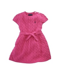 Preppy sweater dress in ultra-soft cabled cotton is accented with puffed sleeves and a self-tie belt. Preppy sweater dress in ultra-soft cabled cotton is accented with puffed sleeves and a self-tie belt.