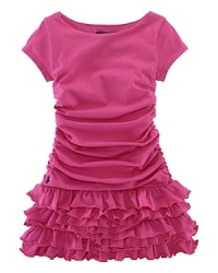 A pretty boatneck dress rendered in soft cotton jersey is updated for a stylish look with ruched detailing and a ruffled hem. A pretty boatneck dress rendered in soft cotton jersey is updated for a stylish look with ruched detailing and a ruffled hem.