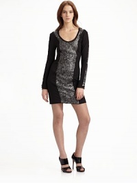 Modern fit pairs with metallic sequin insets for a sleek, sophisticated statement for evening.Scoopneck with chiffon trim Metallic leather sequin insets adorn the long sleeves Silk chiffon center panel with metallic leather sequins Back zip closure Back princess seams About 33½ from shoulder to hem 65% polyester/30% rayon/5% spandex Second fabric: silk Dry clean Imported Modern fit pairs with metallic sequin insets for a sleek, sophisticated statement for evening.Scoopneck with chiffon trim Metallic leather sequin insets adorn the long sleeves Silk chiffon center panel with metallic leather sequins Back zip closure Back princess seams About 33½ from shoulder to hem 65% polyester/30% rayon/5% spandex Second fabric: silk Dry clean Imported