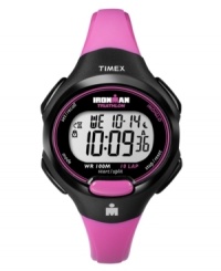 Funky pink spices up this digital Ironman watch by Timex. Pink resin strap and round black resin case with logo at bezel. Positive display digital dial features day, date, time, 10-lap memory, chronograph, alarm and timer. Quartz movement. Water resistant to 100 meters. One-year limited warranty. Funky pink spices up this digital Ironman watch by Timex. Pink resin strap and round black resin case with logo at bezel. Positive display digital dial features day, date, time, 10-lap memory, chronograph, alarm and timer. Quartz movement. Water resistant to 100 meters. One-year limited warranty.