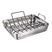 How does this Calphalon roaster with rack ensure superb results? It's made of tri-ply aluminum, the ideal material for consistent heat conduction. Low sides allow the air to circulate freely around your roast and moisture to evaporate quickly. It stays level, even after years of high heat exposure. If you've never tried slow-roasted foods, now's the time to take the time. Comes with v-shaped roasting rack. Stay-cool handles on rack and roaster. How does this Calphalon roaster with rack ensure superb results? It's made of tri-ply aluminum, the ideal material for consistent heat conduction. Low sides allow the air to circulate freely around your roast and moisture to evaporate quickly. It stays level, even after years of high heat exposure. If you've never tried slow-roasted foods, now's the time to take the time. Comes with v-shaped roasting rack. Stay-cool handles on rack and roaster.