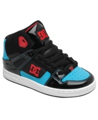 Get him up and ready for action in these Rebound hi-top sneakers from DC Shoes. Get him up and ready for action in these Rebound hi-top sneakers from DC Shoes.
