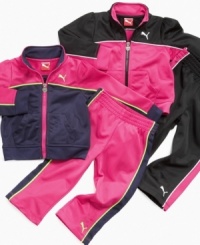 Set her racing through the day with this adorable Puma track jacket and pant set. Set her racing through the day with this adorable Puma track jacket and pant set.