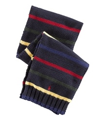 A perfect scarf is knit in a colorful striped design and accented with an embroidered pony. A perfect scarf is knit in a colorful striped design and accented with an embroidered pony.