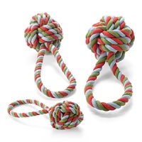Perfect for the park, beach or backyard, these colorful, durable tug-and-toss toys are hand knotted of machine-washable, recycled cotton yarns that are great for dogs' teeth and gums. Perfect for the park, beach or backyard, these colorful, durable tug-and-toss toys are hand knotted of machine-washable, recycled cotton yarns that are great for dogs' teeth and gums.