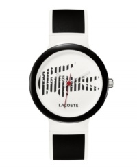 A sports watch with bite, by Lacoste. Unisex Goa watch crafted of black silicone strap with white piping and round plastic case. White dial features black vertical striped crocodile print, logo at six o'clock, white cutout hour and minute hands and red second hand. Quartz movement. Water resistant to 30 meters. Two-year limited warranty. A sports watch with bite, by Lacoste. Unisex Goa watch crafted of black silicone strap with white piping and round plastic case. White dial features black vertical striped crocodile print, logo at six o'clock, white cutout hour and minute hands and red second hand. Quartz movement. Water resistant to 30 meters. Two-year limited warranty.