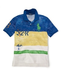 This classic polo in breathable cotton mesh is updated with faded color blocking and screen printing - the perfect shirt for a summer barbeque. This classic polo in breathable cotton mesh is updated with faded color blocking and screen printing - the perfect shirt for a summer barbeque.
