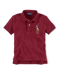 A short-sleeved polo shirt is cut in soft, breathable cotton mesh with a multicolored Big Pony for a classic look.