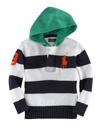 A cozy hoodie is knit with a two-button placket and embroidered numeral at the sleeve for sporty appeal. A cozy hoodie is knit with a two-button placket and embroidered numeral at the sleeve for sporty appeal.