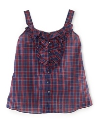 The classic plaid tank in crisp, lightweight cotton is accented with a girlie ruffle-trimmed placket, sure to put a little prep in her step. The classic plaid tank in crisp, lightweight cotton is accented with a girlie ruffle-trimmed placket, sure to put a little prep in her step.