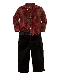 A preppy plaid shirt and a pair of soft corduroy pants create a handsome combination for your baby boy's outings. A preppy plaid shirt and a pair of soft corduroy pants create a handsome combination for your baby boy's outings.