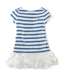Sweet cascading ruffles adorn the hem of a striped jersey dress for girlish flair. Sweet cascading ruffles adorn the hem of a striped jersey dress for girlish flair.
