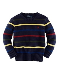 A multi-striped crewneck sweater is perfectly preppy for any season in a flat-knit blend of cotton and wool A multi-striped crewneck sweater is perfectly preppy for any season in a flat-knit blend of cotton and wool