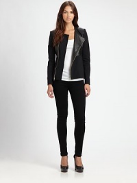 Gleaming leather paneling, asymmetrical zipper and a back peplum hem define this unpredictably chic jacket. RoundneckAsymmetrical zipperLong sleevesBack peplum hemFully linedAbout 23 from shoulder to hemBody: LeatherTrim: Rayon/nylon/polyurethaneDry clean with leather specialistImportedModel shown is 5'9½ (176cm) wearing US size 4. Gleaming leather paneling, asymmetrical zipper and a back peplum hem define this unpredictably chic jacket. RoundneckAsymmetrical zipperLong sleevesBack peplum hemFully linedAbout 23 from shoulder to hemBody: LeatherTrim: Rayon/nylon/polyurethaneDry clean with leather specialistImportedModel shown is 5'9½ (176cm) wearing US size 4.