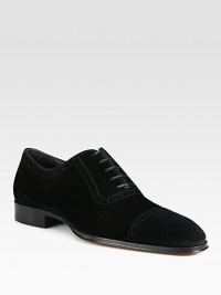 Exquisite Italian craftsmanship defines this smooth suede brogue lace-up finished with a classic captoe detail.Suede upperLeather liningPadded insoleRubber soleMade in ItalyOUR FIT MODEL RECOMMENDS ordering true size. Exquisite Italian craftsmanship defines this smooth suede brogue lace-up finished with a classic captoe detail.Suede upperLeather liningPadded insoleRubber soleMade in ItalyOUR FIT MODEL RECOMMENDS ordering true size.