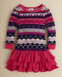 This wintery dress blushes with girlie colors in a snowflake pattern on the top, contrasted with solid multi-tier ruffles cascading from the drop waist. This wintery dress blushes with girlie colors in a snowflake pattern on the top, contrasted with solid multi-tier ruffles cascading from the drop waist.
