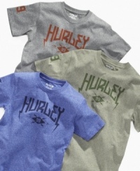 The lightning-style lettering and mock-pebbled look on this soft cotton t-shirt from Hurley makes it perfect for hanging out at the skate park this summer. The lightning-style lettering and mock-pebbled look on this soft cotton t-shirt from Hurley makes it perfect for hanging out at the skate park this summer.