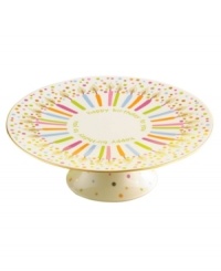 This collection of cake plates is not only beautifully adorned, but it also plays the tune, Happy Birthday to You! Featuring the colorful candles and burst of confetti of the Candles and Confetti collection from Lenox, this piece is sure to bring a big birthday surprise to your celebration. Measures 5 tall x 11.25 diameter. This collection of cake plates is not only beautifully adorned, but it also plays the tune, Happy Birthday to You! Featuring the colorful candles and burst of confetti of the Candles and Confetti collection from Lenox, this piece is sure to bring a big birthday surprise to your celebration. Measures 5 tall x 11.25 diameter.