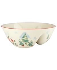 A holly motif drawn from the classic Holiday dinnerware pattern combined with colorful new depictions of the Christmas season makes this divided bowl by Lenox a festive addition to any table, as well as a beautiful gift. A holly motif drawn from the classic Holiday dinnerware pattern combined with colorful new depictions of the Christmas season makes this divided bowl by Lenox a festive addition to any table, as well as a beautiful gift.