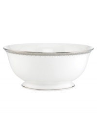 Inspired by the trim on an elegant gown, the graceful Lace Couture serving bowl features an intricate platinum border that combines harmoniously with white bone china for unparalleled style. By Lenox. Inspired by the trim on an elegant gown, the graceful Lace Couture serving bowl features an intricate platinum border that combines harmoniously with white bone china for unparalleled style. By Lenox.