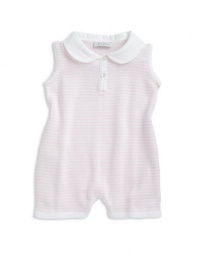 THE LOOKAllover intarsia stripesContrast round collarContrast tipped button placket, arm and leg openingsSnap hemTHE MATERIALCottonCARE & ORIGINMachine washImported