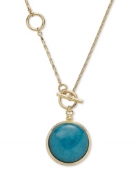 This alluring pendant necklace from Fossil features a watch fob-inspired pendant with a round teal-dyed jade bead. Crafted in shiny gold tone mixed metal. Adjustable front toggle closure. Approximate length: 22 to 25 inches + 2-inch extender. Approximate drop: 4-1/2 inches. This alluring pendant necklace from Fossil features a watch fob-inspired pendant with a round teal-dyed jade bead. Crafted in shiny gold tone mixed metal. Adjustable front toggle closure. Approximate length: 22 to 25 inches + 2-inch extender. Approximate drop: 4-1/2 inches.