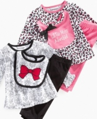 Charming 3 piece patterned top, graphic bib, and solid pant set by First Impressions. Charming 3 piece patterned top, graphic bib, and solid pant set by First Impressions.