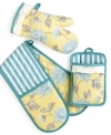 Keep the cook happy and kitchen bright with the Berkely Sunshine linens set. This Laura Ashley oven mitt, pot holder and mopine mix classic florals, ticking stripes and feminine frills in cheery cotton twill.