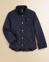 This diamond-quilted bomber jacket is an updated classic made for timeless durability and style.Stand collarLong sleeves with snapped cuffsFull-snap frontSnap-flap patch pocketChest welt pocketsShirttail hemPolyesterMachine washImported Please note: Number of snaps may vary depending on size ordered. 