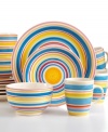Primary colors band and swirl together around Sarita Rainbow dinnerware, filling everyday meals with cheer. Bowls, mugs and plates in hard-wearing stoneware add to its appeal, transitioning easily from the microwave or dishwasher, back on the table.