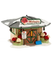 Holiday guests pick up something for their host at Melinda's Poinsettias & Mistletoe. Beautiful potted plants and bouquets are displayed outside, luring the last-minute shoppers of Snow Village. From Department 56. Holiday guests pick up something for their host at Melinda's Poinsettias & Mistletoe. Beautiful potted plants and bouquets are displayed outside, luring the last-minute shoppers of Snow Village. From Department 56.