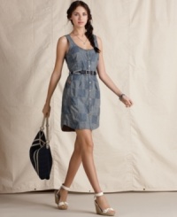 Patchwork has never looked so chic! Tommy Hilfiger's denim dress features a flirty silhouette and vintage-inspired patchwork for an ultra-modern look. Patchwork has never looked so chic! Tommy Hilfiger's denim dress features a flirty silhouette and vintage-inspired patchwork for an ultra-modern look.