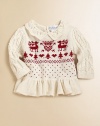 With its classic knit reindeer design, a sweet cable-knit cotton cardigan features pointelle ruffles and a peplum hem capturing the spirit of the season.Pointelle ruffled collarLong cable-knit sleevesSingle back buttonPeplum hemCottonMachine washImported Please note: Number of buttons may vary depending on size ordered. 