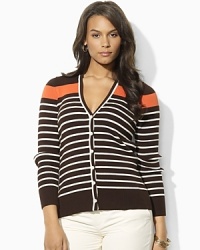 An earthy palette with a modern mix of stripes lends relaxed elegance to the Krystoff cardigan, rendered in stretch ribbed-knit cotton with a buttoned placket for cozy comfort. An earthy palette with a modern mix of stripes lends relaxed elegance to the Krystoff cardigan, rendered in stretch ribbed-knit cotton with a buttoned placket for cozy comfort.