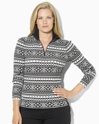 A soft waffle-knit cotton top is a festive choice for the season, crafted with an allover Fair Isle pattern and a zippered mockneck. A soft waffle-knit cotton top is a festive choice for the season, crafted with an allover Fair Isle pattern and a zippered mockneck.