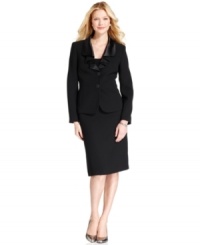 A stunning skirt suit from Le Suit. The satin cascade lapels soften the tailored fit to perfection. A stunning skirt suit from Le Suit. The satin cascade lapels soften the tailored fit to perfection.