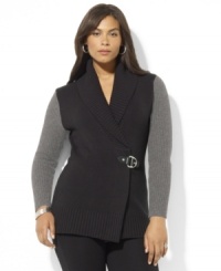 Infused with chic heritage style, Lauren Ralph Lauren's essential plus size cardigan is elegantly knit in a soft cotton blend with an equestrian-inspired buckle and a classic shawl collar
