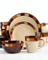 Thanks to a traditional reactive glazing, no two pieces of this bold Gibson dinnerware are exactly alike. Rendered in deep, earthy hues, this striking set makes a one-of-a-kind statement at any meal.