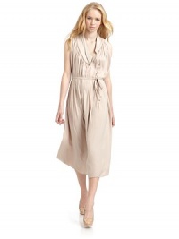 THE LOOKV-neck with asymmetrical pleated collarPullover styleSleevelessGathered detailsSelf tie beltAsymmetrical hemTHE FITAbout 47 from shoulder to hemTHE MATERIALPolyesterCARE & ORIGINDry clean Made in USAModel shown is 5'10 (178cm) wearing US size 4. THE LOOKV-neck with asymmetrical pleated collarPullover styleSleevelessGathered detailsSelf tie beltAsymmetrical hemTHE FITAbout 47 from shoulder to hemTHE MATERIALPolyesterCARE & ORIGINDry clean Made in USAModel shown is 5'10 (178cm) wearing US size 4.