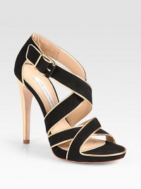 Strappy suede confection surrounded by metallic leather trim, finished with an adjustable ankle strap and skinny heel. Metallic leather heel, 4½ (115mm)Covered platform, ½ (15mm)Compares to a 4 heel (100mm)Suede and metallic leather upperLeather lining and solePadded insoleImported